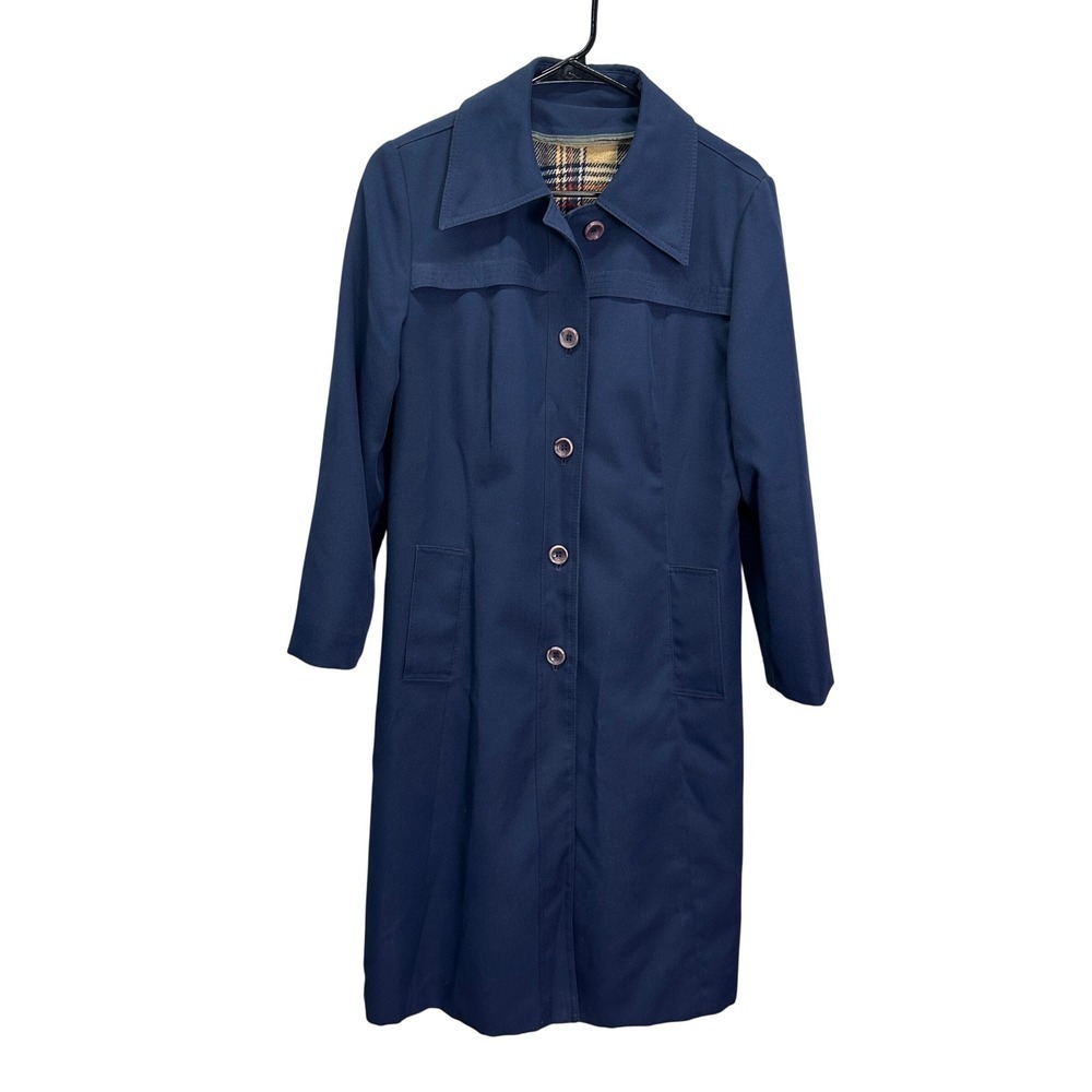 Vintage 70s ILGWU Navy Trench Car Coat Zip Out Plaid Liner Womens Size 12 USA